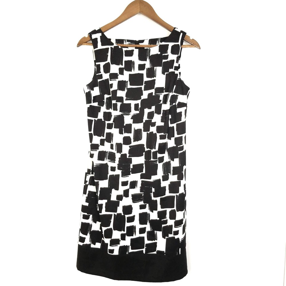 AB Studio Geometric Print Round Neck Sleeveless Sheath Dress Black White Size 8